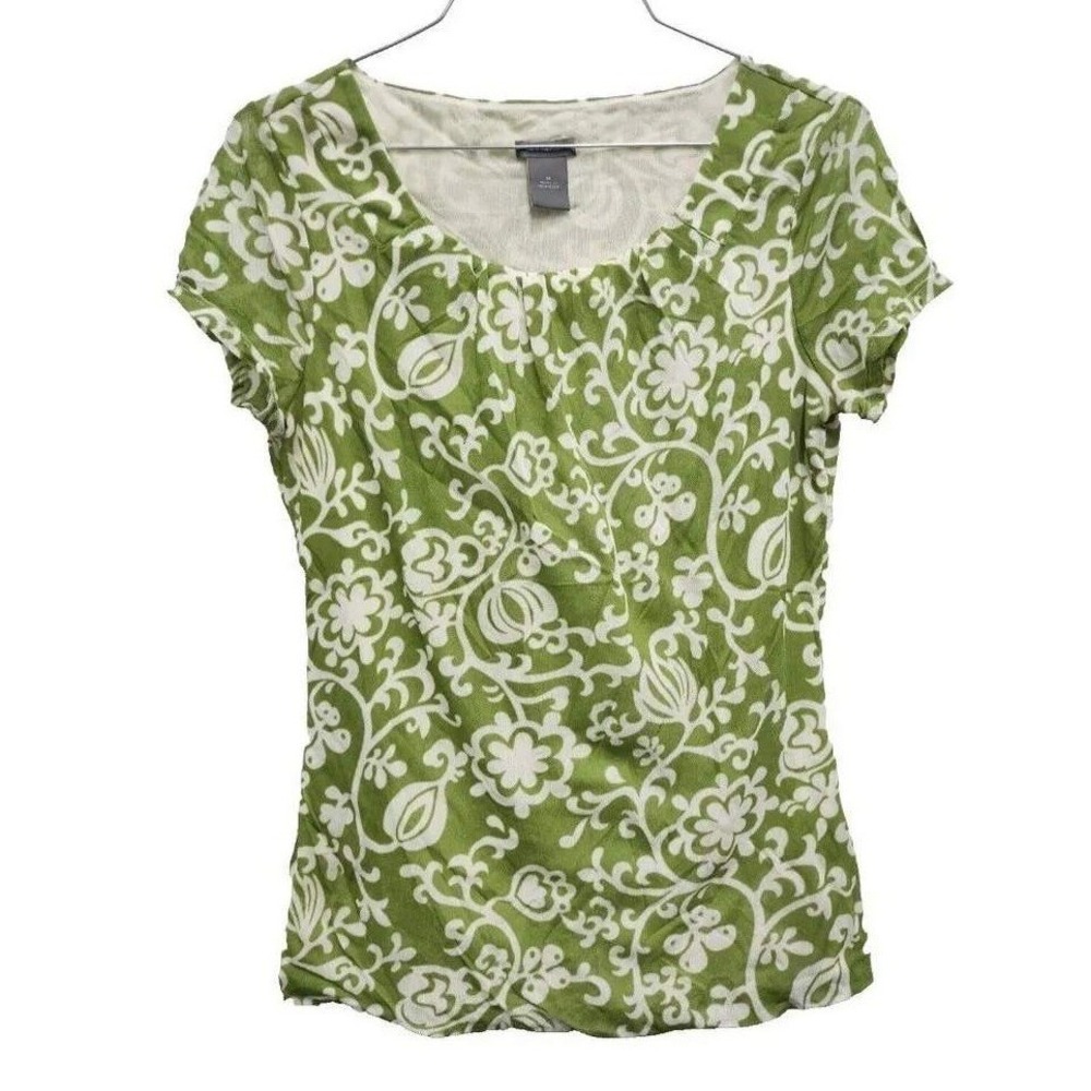 Ann Taylor Short Sleeve Top Womens Medium Green Floral Short Sleeve Cottagecore